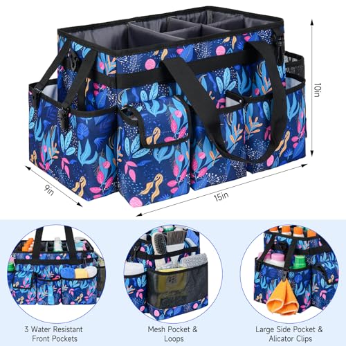 Cleaning Organizer, Large Caddy Bag for Supplies, Housekeeper's Bag with Handle (Blue Leaf) - color: Blue Leaf, size: Large