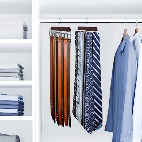 2 Pack Tie Rack & Belt Hanger 2 in 1 Tie Hanger Space Saving Max 42 Belts& 60 Ties Capacity for Closet Organizers and Storage, Sturdy Wood Belt & Tie Collection Organizer - color: Brown