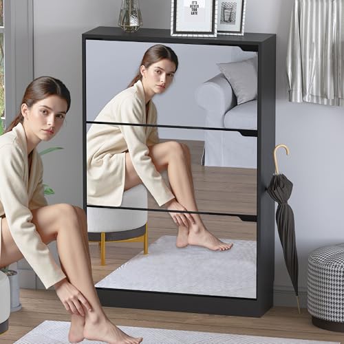 BORNOON Shoe Cabinet with 3-Flip Mirror Drawers, Freestanding Shoe Rack Organizer with Hidden Handle, Slim Narrow Shoe Storage Cabinet for Entryway, Entrance, Hallway, Bedroom - color: Black, size: 3-Drawer with Mirror