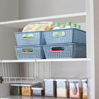 Tiawudi Stackable Woven Plastic Basket, Storage Bins for Cabinet, Closet, Shelf, Under Sink and Countertop, Pantry Organizer Bins, 6 Pack - color: Light Blue