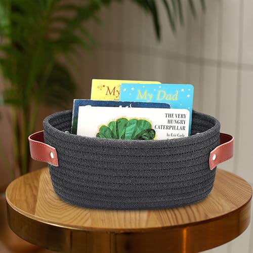 ABenkle Small Woven Basket, Mini Cotton Rope Storage Basket, Tiny Easter Basket, Shelf Basket, Oval Decorative Toy Dog Cat Basket for Nursery, Empty Gift Basket, 9.4" x 5.9" x 3.9" XS - color: Black