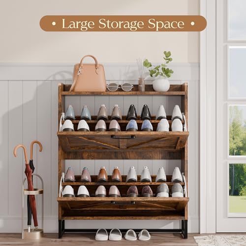 MU Shoe Storage Cabinet with 2 Flip Drawers, Freestanding Shoe Rack Cabinet with Metal Legs, Hidden Shoe Organizer Cabinet for Entryway, Living Room, Rustic Brown - color: Rustic Brown, size: 2 Drawers