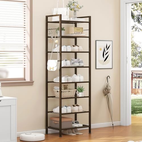 usikey 8 Tiers Narrow Shoe Rack 16-24 Pairs, Sturdy Metal Tall Shoe Rack with 4 Hooks, Slim Shoe Storage Organizer with Metal Shelf, Space Saving Vertical Shoe Shelf for Entryway BronzeUNYXJX016A - color: 8 Tier ( 17.9 X 11 X 55.5 Inches)-bronze