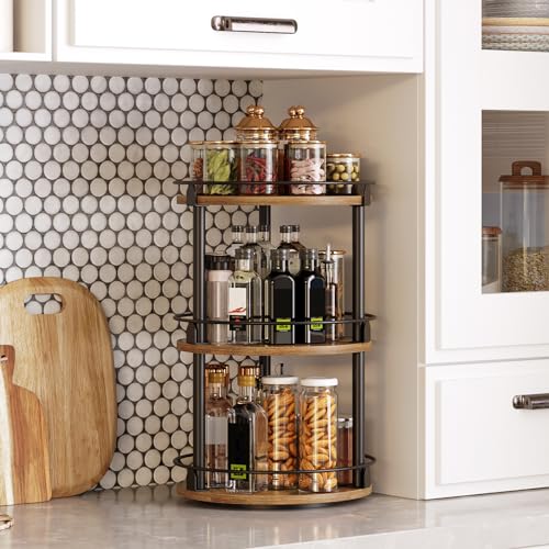 YATINEY 3-Tier Lazy Susan Organizer, Rotating Spice Rack, Spinning Organizer, Industrial Turntable Spice Rack Organizer for Cabinet, Kitchen Countertop, Pantry, Rustic Brown and Black SR23BR - color: Rustic Brown + Black, size: 10.2"L x 10.2"W x 18"H
