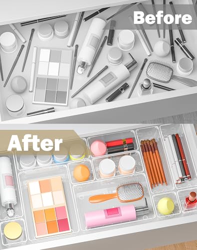 15Pcs Clear Plastic Drawer Organizers Set, 4size makeup drawer organizer trays for vanity/desk/bathroom/office/nightstand/gadgets for kitchen/desk drawer, Versatile drawer divider storage bins - size: 15Pack