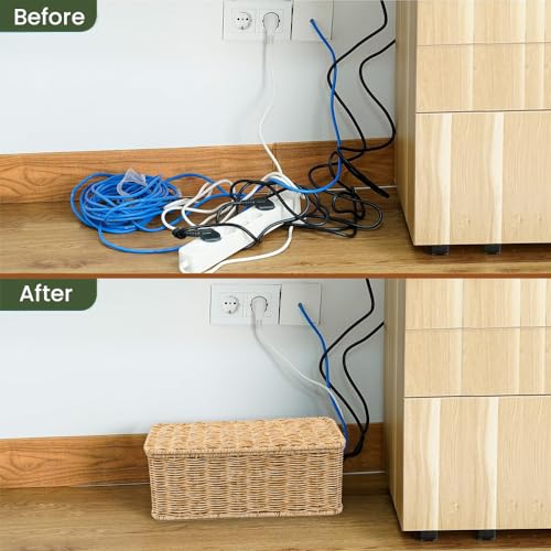 Cable Management Box, Handmade Rattan Cable Organizer with 2 Open Slots, Cord Hider for Power Strip, Router & USB Hub, Registered U.S. Design Patent (D1,112,102), 13" x 5.1" x 5.1", Natural - color: Natural, style: Rectangle