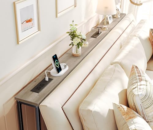 SUPERJARE 78.8 Inch Narrow Console Table with Outlet, Sofa Tables, Behind Couch Table, Long Entryway Tables with Charging Station, for Living Room, Oak - color: Oak, size: 5.7''D x 78.7''W x 29.7''H