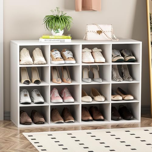 Garden 4 you Shoe Storage Bench, Cubby Shoe Rack with 16 Cubbies, 4-Tier Wood Shoe Rack Organizer, Shoe Organizer Cabinet for Entryway, Hallway, Closet and Garage, White - color: White, size: 16-cube 4-tier