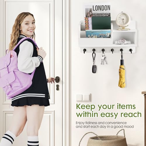 Key Holder Wall Mount, Key and Mail Holder for Wall with 6 Key Hook and Double Shelf, Mail Organizer Wall Mounted with 3-Tier Sortable Mail Slots, Key Rack for Entryway and Home Decor (White)