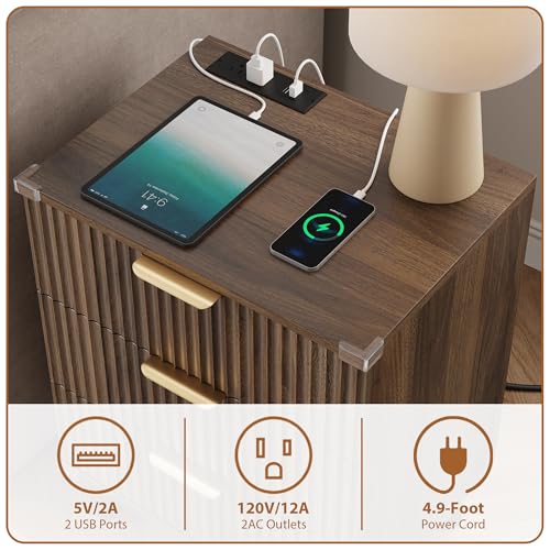 Lulive Wood Nightstand with Charging Station, 3 Drawers Fluted Design, Modern End Table for Bedroom Walnut - color: Walnut, size: 3 Drawers-Set of 1 Nightstand