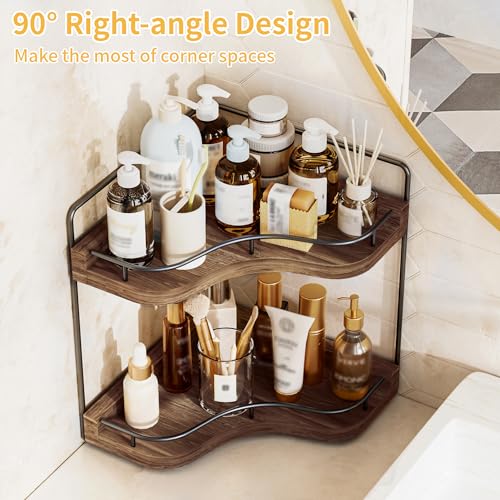 2-Tier Corner Bathroom Counter Organizer with Embedded Screw Holes, Secure & Stable Wood Vanity Shelf for Makeup and Skincare Essentials - Space Saving Bathroom Countertop Storage, Dark Brown - color: Dark Brown