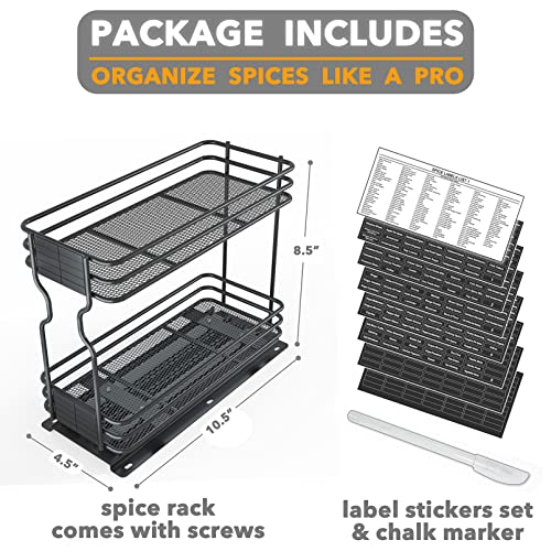SpaceAid Pull Out Spice Rack Organizer for Cabinet, Heavy Duty Slide Out Seasoning Kitchen Organizer, Cabinet Organizer, with Labels, 4.5" W x10.75 D x8.5 H, 1 Drawer 2-Tier - style: 4.5" W, 2-Tier