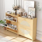 Patikuin Narrow Rattan Shoe Cabinet, 2 Semi-Circular Flip Doors Freestanding Shoe Storage Organizer, MDF Wooden Hidden Slim Shoe Rack for Entryway, Hallway, Foyer, Living Room - size: 2 Flip Drawers