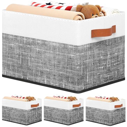 Fab totes Collapsible Storage Baskets for Shelves,14"x10", 4 Pack Foldable Fabric Storage Bins with Double Leather Handles, Large Baskets for Organizing Books, Clothes, White & Black - color: Black, size: 4pack
