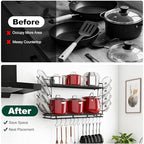 Housolution Pot Rack Wall Mounted, 22''-30'' Length Expandable, 3 Level Height Adjustable, 2 Tier Heavy Duty Hanging Cookware Pan Organizer with 12 Hooks and 8 Lid Holders - color: Black, 2 Tiers