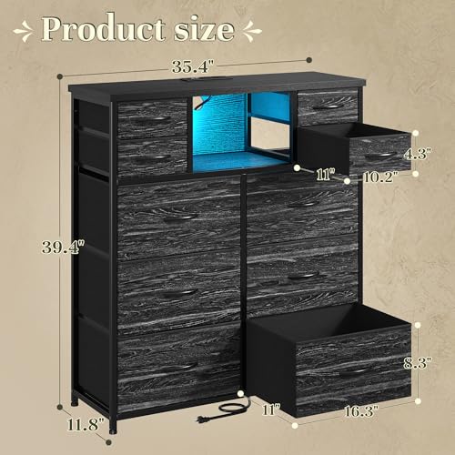 DurayLoly Dresser for Bedroom with 10 Fabric Drawers, Organizer Unit with LED Light & Charging Station, Sturdy Chest of Drawers with 2 Open Wooden Shelves for Hallway, Living Room, Dormitory (Black) - color: Black