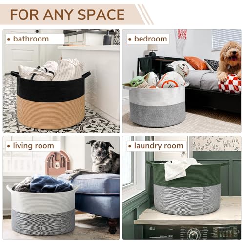 INDRESSME XXXLarge Cotton Rope Basket Woven Baby Laundry Basket Blanket Baskets Toy Baskets with Handle Comforter Cushions Storage Bin Thread Laundry Hamper - 21.7" x 21.7" x 13.8" - color: Black & Camel, size: 21.7"D x 13.8"H