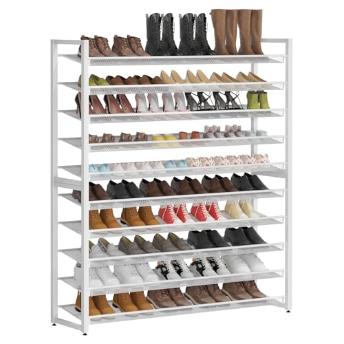 Metal Shoe Rack,Large 10 Tier Shoe Organizer, Heavy Duty Metal Stackable Shoe Storage Vertical Shoe Rack for Closet Front Door Entrance,Entryway,GarageUp to 62 Pairs,White - color: White, size: 10 Tier