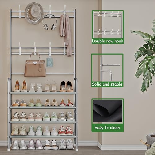 Coat Rack Shoe Rack With Storage Shelf Freestanding with 8 Hooks for Entryway Bedroom Closet 4 Tier, Grey - color: Grey