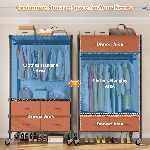Raybee Clothes Rack Heavy Duty Clothing Rack with Rolling Wheels & 4 Drawers, Clothing Racks for Hanging Clothes with Drawers, Black - color: Black, style: Clothes Rack with Wheels