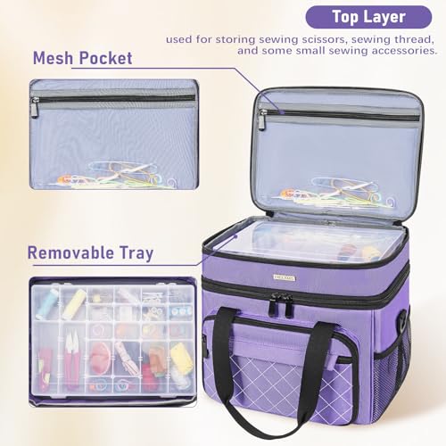 Sewing Storage Bag with Removable Tray Large Capacity Sewing Aaccessories Organizer Travel Sewing Case with Shoulder Strap Double-Layer Sewing Organizer Bag Purple (Bag Only) - color: Purple
