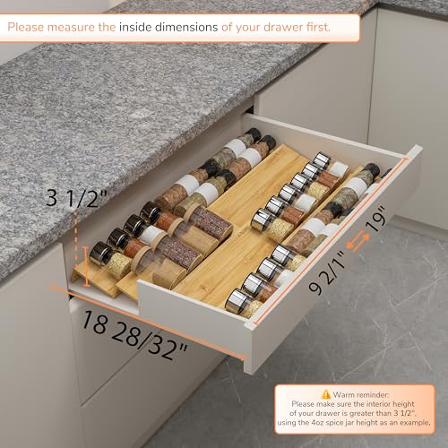 AMBIRD Bamboo Spice Drawer Organizer with Non-slip Mat,4 Tier - 2 Set Jar Spice Rack Tray From 9.5''to 19'', Seasoning Organizer for Kitchen,Cabinet,Drawers,Countertop - size: 8 Pcs x 9.5'' W, style: Natural