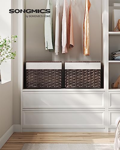 SONGMICS Storage Basket with Lid, Woven Blanket Storage Bin with Handles, Foldable, Removable Liner, Metal Frame, for Bedroom, Laundry Room, 9.2 Gallons (35 L), Brown URST040K01 - color: Brown, size: 35 L