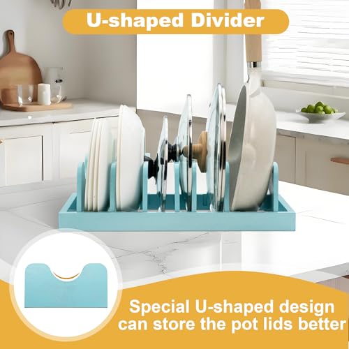 MinBoo Bamboo Pot Lid Organizer Pot Lid Holder, Pot and Pan Organizer Drawer Organizer for Pot Lids, Pans, Dinner Plates, Reusable Containers in Cabinet Storage,Blue - color: Blue