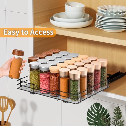 RCHYFEED Pull Out Spice Rack Organizer for Cabinet,Slide out Spice Organization for Inside Cabinets,Heavy Duty Seasoning Organizer Fits Kitchen and Pantry,Sauces,Canned (12.5''Wx10.5''Dx2.5''H) - size: 1 Tier-12.5''Wx10.5''Dx2.5''H