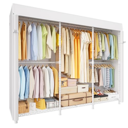 ULIFHOME E14C Pro Heavy Duty Closet Organizer System，Freestanding Clothing Racks for Hanging Clothes，Adjustable Garment Rack 70.1"W × 16.6"D × 76.4"H Hold 960 lbs，White Rack with White Dustproof Cover - color: White Rack With White Cover