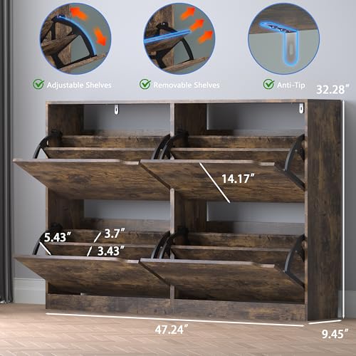BORNOON Shoe Cabinet with 4 Flip Drawers, Narrow Hidden Shoe Storage Cabinet, Slim Freestanding Shoe Rack Organizer for Entryway, Hallway, Bedroom, Living Room - color: Brown, size: 4 Drawers