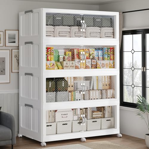 960QT Extra Large Stackable Storage Bins with Lid & Wheels & Doors, 240Gal Foldable Collapsible Closet Organizers, Plastic Cabinet Box Container Drawer for Home Kitchen Bedroom, 4Pack White - size: 240QT, style: 4Pack