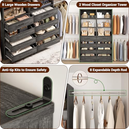 Aheaplus Closet System Set of 2, 4-9Ft Wood Closet Organizer with 8 Drawers & Shelves, Closet Organizer System with 8 Hanging Rods, Walk-in Closets Organizer Wardrobe Closet Rack, Black Oak - color: Black Oak-2Sets