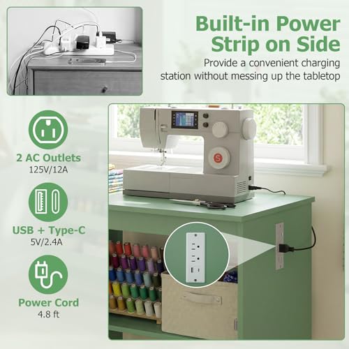 Giantex Folding Sewing Table with Charging Station, Rolling Craft Table with Storage Trays & Shelf, Foldable Sewing Machine Cabinet Desk with Lockable Wheels for Small Spaces (Sage) - color: Sage
