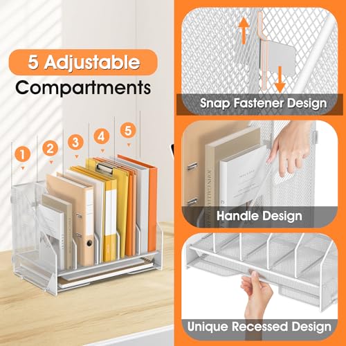 Desk File Folder Holder Organizer-5 Vertical Compartments Racks and Paper Letter Tray,Mesh Magazine File Holder Sorter,Desktop Accessories & Workspace Organizers for Home,Office,School-White - color: 5 Compartments-white