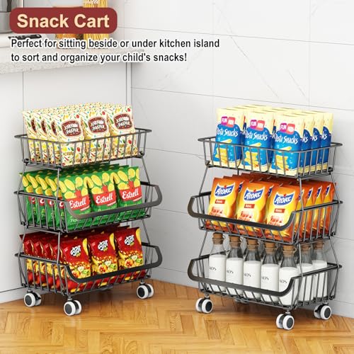 3-Tier Rolling Pantry Cart with Wheels, Stackable Wire Storage Floor Organizer for Kitchen Pantry Snack Shelves, Fruit Basket Stand, Vegetable Storage Rack for Food Snacks Onion Potato, Black, 2 Pack - color: 3 Tier-black (2 Pack)