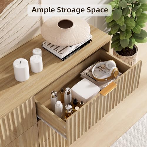 VOWNER Fluted 6 Drawers Dresser for Bedroom, 54" Wide Modern Chest of Drawers with Metal Handle, Closet Clothes Storage Organizer, Wood Dresser TV Stand for Living Room, Closet, Hallway, Entryway - color: Oak