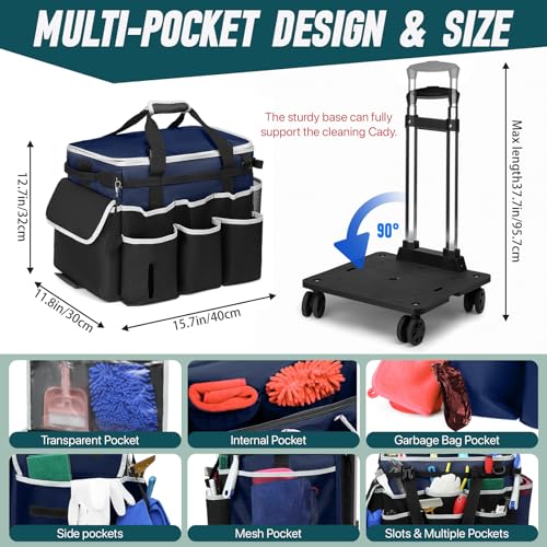 Large Rolling Cleaning Caddy Bag with Detachable Trolley, Full Support Plates for Professional Cleaning Supplies Bag, Organizer Bag with 4 Universal Wheels for Housekeepers, Car Wash (Blue) - color: Blue