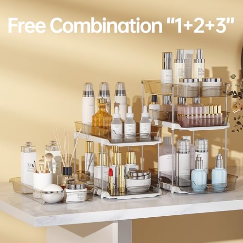 Delamu 2 Pack 3-Tier Bathroom Under Sink Organizers and Storage, Multi-Purpose Stackable Pantry Organization and Storage, Pull Out Clear Kitchen Bathroom Cabinet Organizer with Movable Dividers, Grey - color: Grey, size: 2 Pack 3-Tier