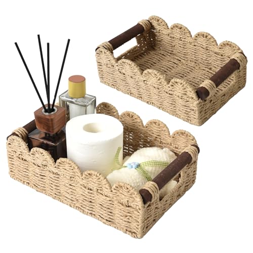 Cute Scalloped Basket, Handwoven Toilet Paper Storage with Built-in Handles, Wicker Basket for Organizing, Decoration and Home(Set of 2) - color: Beige