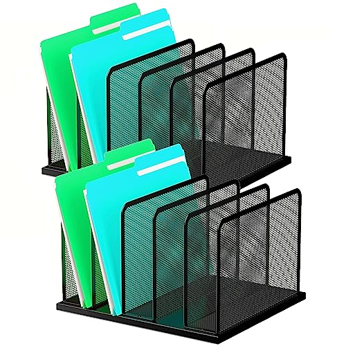 Kuntine.B Desk File Organizer Upright Mesh Desktop Organizer File Sorter Office Organization File Holder for Home, Office & Classroom (Black, 2 Pack 5-Section)