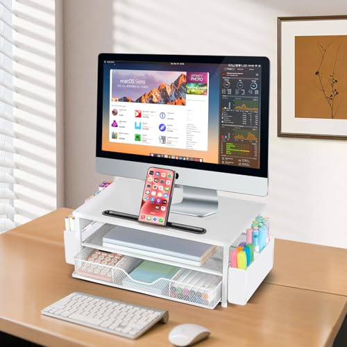 AUPSEN White Monitor Stand Riser, 2-Tier Wood Computer Desk Organizer with Drawer, Pen Storage & Phone Holder, Office Desk Accessories Desktop Organizer for Office Supplies - color: White Wood