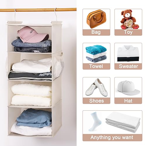 MAX Houser 4 Tier Shelf Hanging Closet Organizer, Closet Hanging Shelf with 2 Sturdy Hooks for Storage,2 Pack, Foldable (Beige) - color: Beige-5