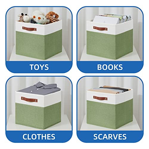 Temary 13 Inch Cube Storage Bin 4 Pack Fabric Storage Cubes Fabric Storage Bin for Shelf, Cube Storage Basket with Leather Handles(White&Green) - color: White&Green, size: 13×13×13