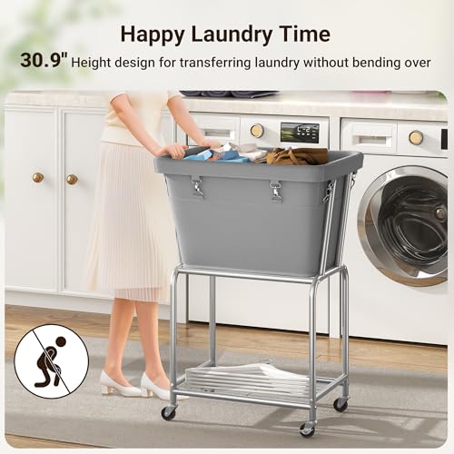 ELYKEN Rolling Laundry Hamper with Wheels, Laundry Cart with Removable Bag, Heavy Duty Metal Frame, 2-Tier Clothes Basket Hamper with Shelf for Closet, Bedroom, Bathroom, Laundry Room, Gray - color: Gray, size: 20.3"l X 15.9"w X 30.9"h