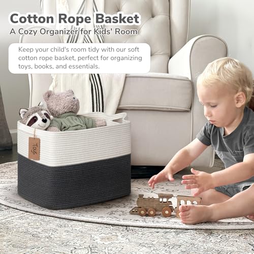 Goodpick Woven Storage Baskets for Organizing, 18" x 14" x 12" Baby Laundry Blanket Toy Basket for Living Room, Rectangle Cotton Rope Baskets with Handles, Dark Gray - color: Dark Gray, size: 18"L x 14"W x 12"H