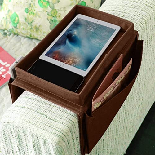 Sofa Armrest Organiser with Cup Holder Tray 6 Pockets TV Remote Control Organizer Sofa Couch Armchair Caddy Organiser Tidy Pocket Hanging Storage Bag Holder for Cellphone Magazine Drinks Snacks - color: Brown