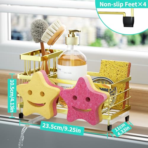 HapiRm Sink Caddy Sponge Holder - Self-draining Kitchen Sink Organizer with Smiley Face and Brush Holder, Stainless Steel Kitchen Sponge Caddy for Countertop - Gold - color: Gold, size: with Smiley Face Sponge Holder