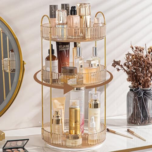 shuang qing Rotating Makeup Organizer for Vanity, High-Capacity Skincare Clear Make Up Storage Perfume Organizers Cosmetic Dresser Organizer Countertop 360 Spinning (Gold, 3 Tier) - color: Gold, size: Regular-3 Tier