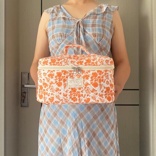 Orange Large Quilted Floral Makeup Bag Cute Soft Coquette Aesthetic Cosmetic Bag Cotton Travel Toiletry Bag for Women - color: A-Orange